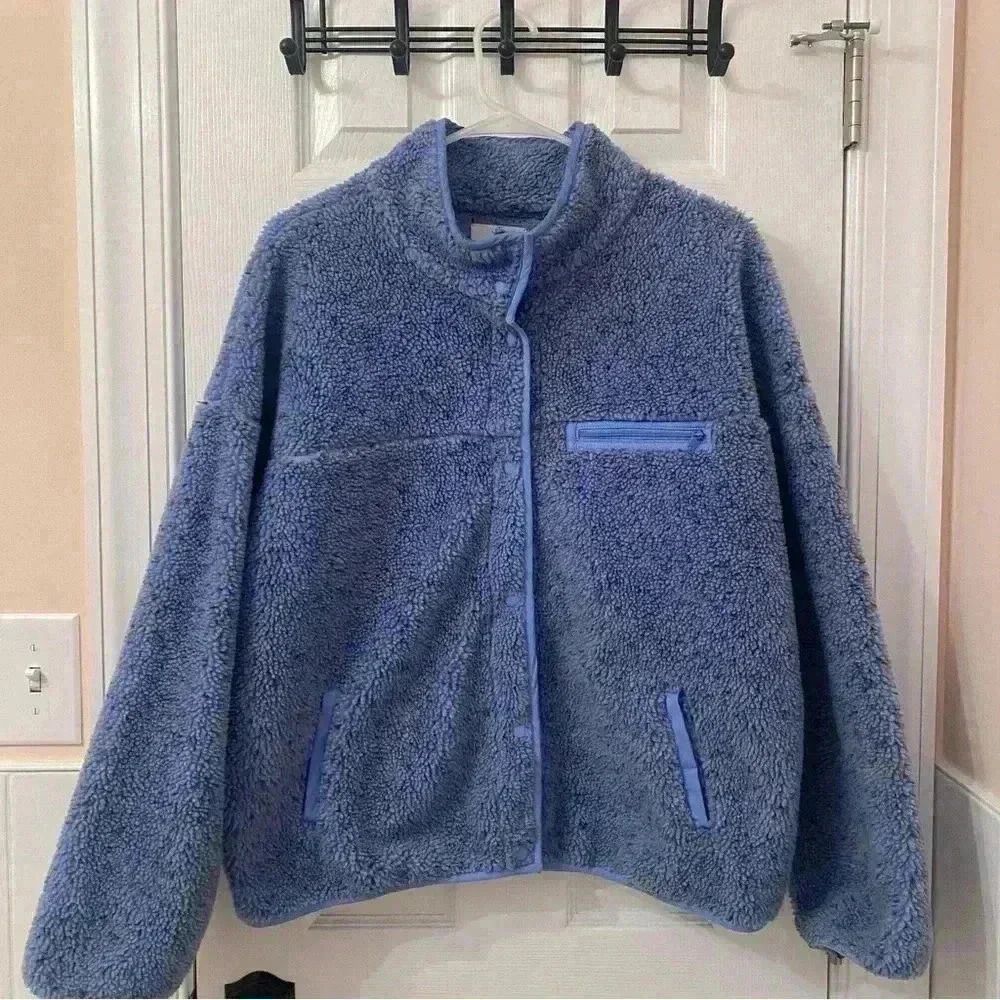 Aerie Blue Sherpa “Offline” snap button up jacket Size L